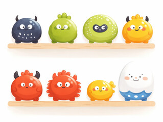 Shelf display of colorful kawaii monster figurines in various designs and colors