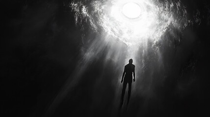 Solitary Figure Silhouetted Dramatic Underwater Light Beams. AI Generated