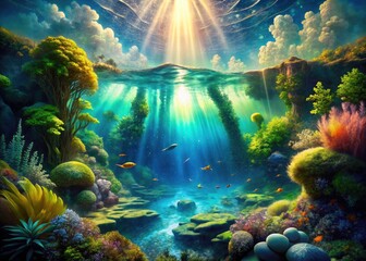 Mystical ocean's blue embrace: surreal aquatic photography, ethereal water, liquid fantasy.