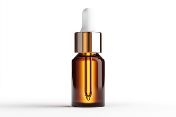 Elegant amber glass dropper bottle with white pipette isolated on a clean background for essential oils or skincare products