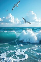 Naklejka premium Ocean waves with seagulls flying overhead, ocean, waves, seagull