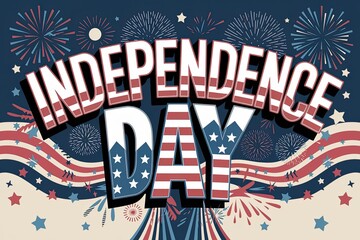 Patriotic Independence Day Graphic with Fireworks, Bold Text, and American Flag Colors, vintage illustration style, red, white, blue