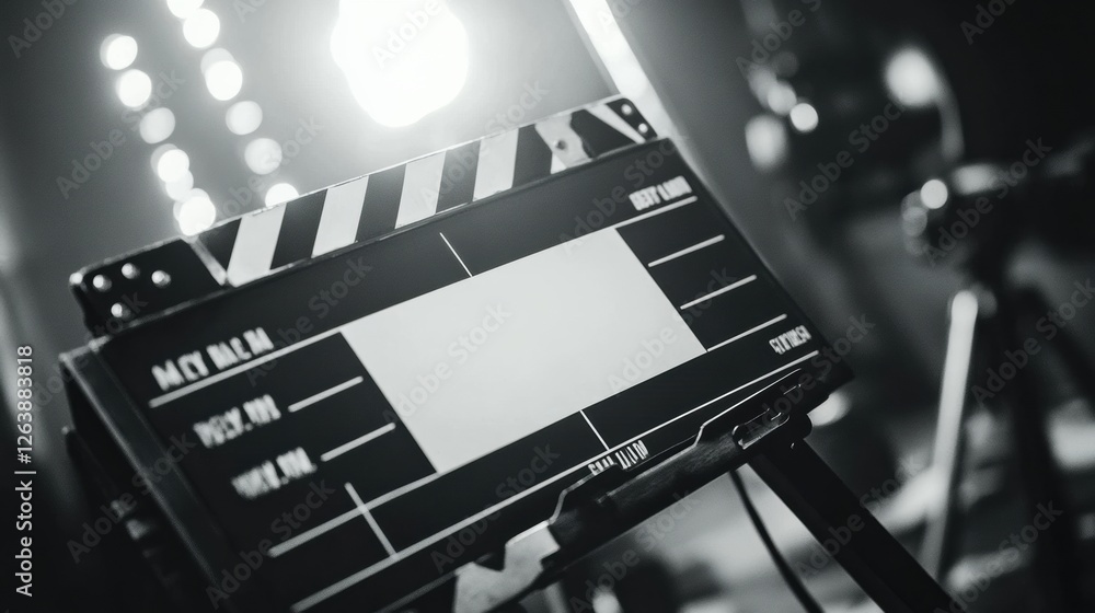 Poster film clapperboard in studio setting ready for shooting clip with bright lights. generative ai