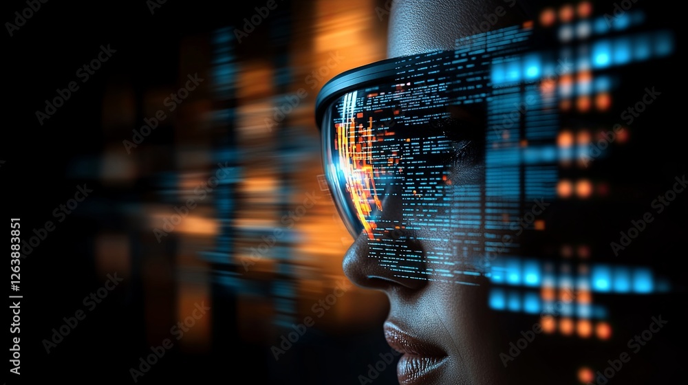 Poster high-tech glasses display digital data while a person focuses intensely in a futuristic environment