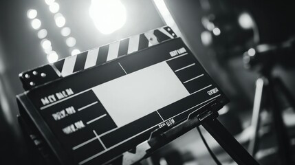 Film clapperboard in studio setting ready for shooting clip with bright lights. Generative AI