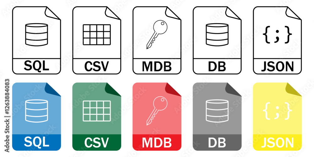 Poster set of database file format icons (sql, csv, mdb, db, json) in outline and color styles. perfect for