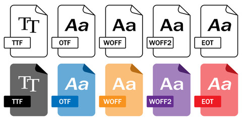 Collection of font file format icons (TTF, OTF, WOFF, WOFF2, EOT) in outline and color styles. Ideal for web design, typography, and digital projects.
