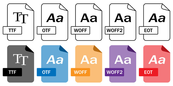 Font file format icons collection. TTF OTF WOFF WOFF2 EOT symbols. Typography file types for interface systems. Web and design usage elements. Digital font format identifiers.
