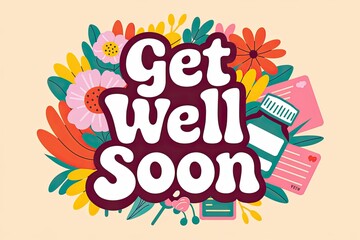 Retro Style "Get Well Soon" Graphic Design Illustration with Flowers, Medicine, and Cards in Bright Colors on a Light Beige Background