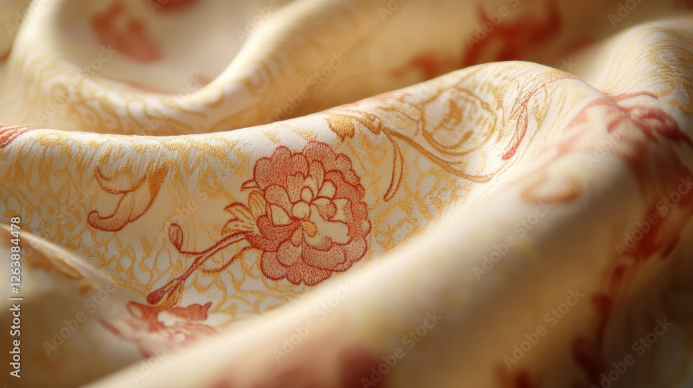 Poster Close up view of beautifully patterned fabric featuring floral designs with space for custom text placement. Generative AI