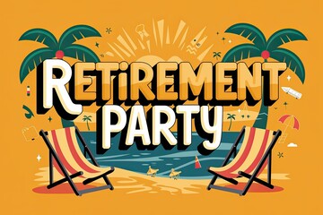 Tropical Retirement Party Graphic, Fun Cartoon Style, Beach Chairs, Palm Trees, Sunny Orange Background, Retro, Playful, Invitation Design