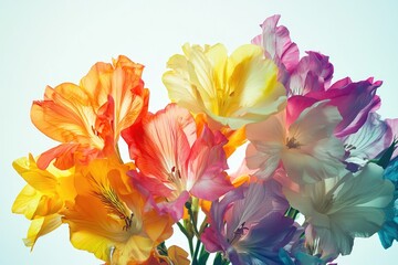 Naklejka premium Vibrant Arrangement of Colorful Gladiolus Flowers Against a Soft Light Background for Inspirational and Decorative Purposes
