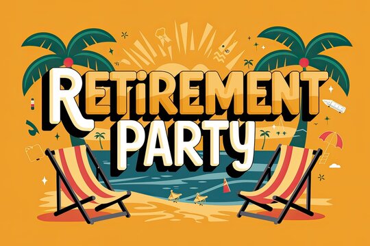 Tropical Retirement Party Graphic, Fun Cartoon Style, Beach Chairs, Palm Trees, Sunny Orange Background, Retro, Playful, Invitation Design - Powered by Adobe