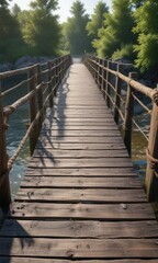 Obraz premium Old wooden bridge with worn planks and rope railings, old bridge, rope railing, forest path