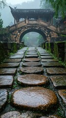 Obraz premium Ancient Stone Bridge Path In Misty Mountain Setting