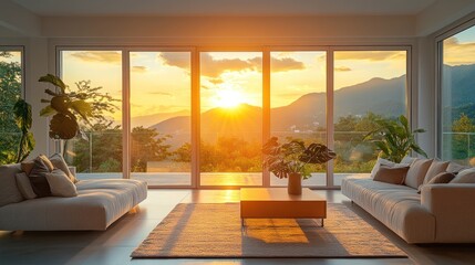 Fototapeta premium Sunset view luxury living room, mountain home interior design