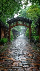 Rainy Day Cobblestone Street Under Archway