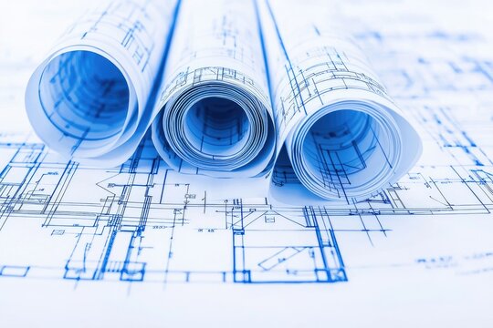 Blueprints rolled on a flat surface showcasing intricate architectural designs and engineering details for construction and planning purposes