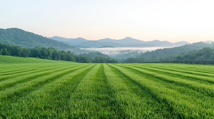 Fototapeta premium Misty Mountain Meadow at Dawn, Green Grass, Peaceful Scenery, Landscape Photography