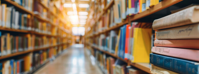 Medical Books and Journals in a Bright Library with Blurred Background Highlighting Knowledge and Education. Banner. Copy space