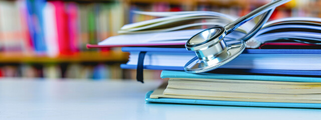 Medical Books and Journals with Stethoscope in Bright Library Setting. Concept of Healthcare Education, Medical Research, Academic Study, Knowledge Acquisition. Banner. Copy space