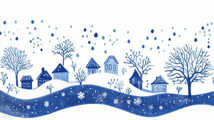 Naklejka premium Winter village landscape in monochrome blue tones with houses, trees, and rolling hills