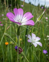 Fototapeta premium Close-up of Corn Cockle 'Milas Queen' Flowers in a Garden