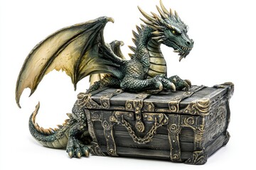 Fototapeta premium Majestic dragon statue perched on an ornate treasure chest, showcasing intricate details, fantasy artistry, and enchanting craftsmanship for decor lovers