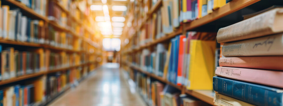 Medical Books and Journals in a Bright Library with Blurred Background Highlighting Knowledge and Education. Banner. Copy space