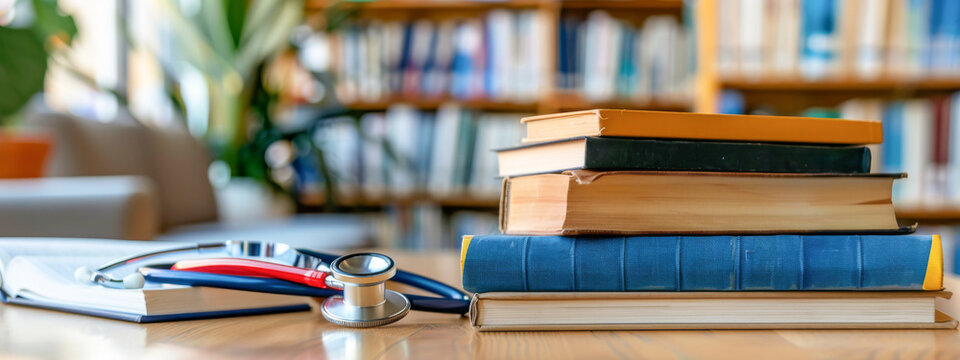 Stack of Medical Books and Journals with Stethoscope on Table in Hospital Library. Concept of Healthcare Knowledge, Medical Research, Academic Resources, Professional Studies. Banner. Copy space