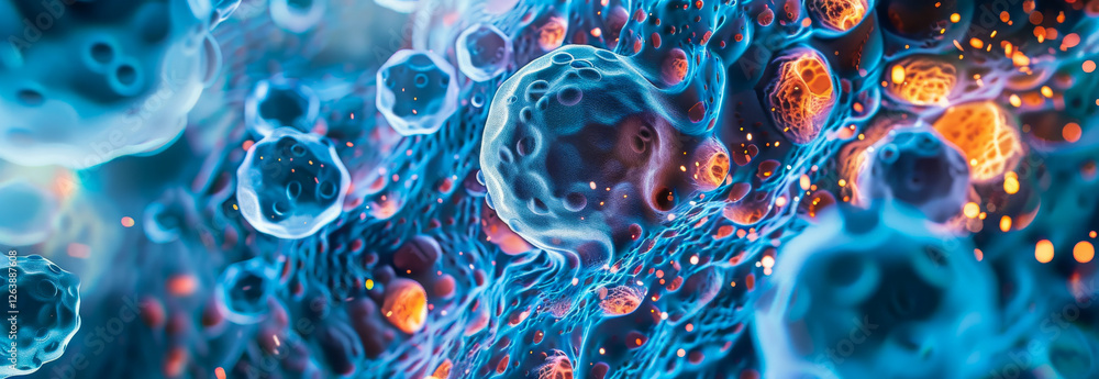 Aufkleber abstract microscopic view of cells and tissues with vibrant colors and intricate patterns in scienti