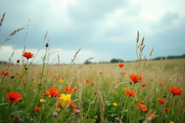 Overcast sky with gentle wind rustling wildflowers and tall grasses, environment, outdoors, wildflower