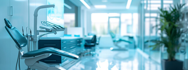 Modern Dental Office Minimalist Interior with Bright Clean Design and Natural Light. Medical Banner. Copy space