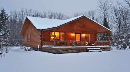 Cozy Log Cabin Winter Snow Scene