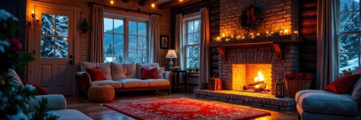 Cozy Christmas cottage with fireplace, snowy village, christmas cottage, cozy home