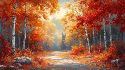 Autumn forest path, vibrant fall colors, serene landscape, painting, showcasing nature's beauty, possible use for a desktop background
