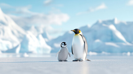 Playful Emperor Penguin Chick Standing Beside Adult on Snowy Arctic Landscape. Concept of Wildlife, Polar Adventure, Animal Family, Cold Habitat. Copy space