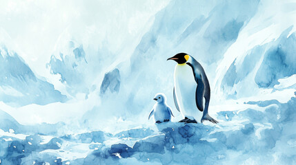 Fototapeta premium Watercolor Illustration of Emperor Penguin and Chick in Icy Antarctic Landscape. Concept of Wildlife Art, Polar Habitat, Nature Beauty, Endangered Species. Copy space