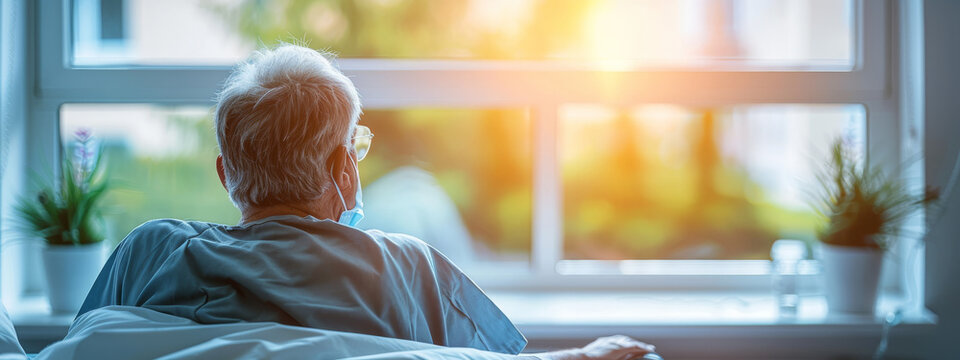 Elderly Caucasian Man Patient in Hospital Room with Window View Enjoying Morning Sunlight. Concept of Healing, Recovery, Patient Care, Tranquil Environment. Banner. Copy space