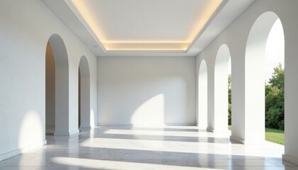 Fototapeta premium Panoramic view of a large marble room with a white ceiling and stone floor, panoramic view, clean lines