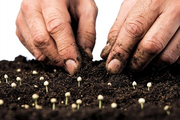 Hands of gardener planting seeds in rich soil, nurturing growth of seedlings for sustainable agriculture and organic food production in a natural environment.