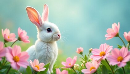 Obraz premium Pastel colored bunny surrounded by flowers, floral, colorful, Easter