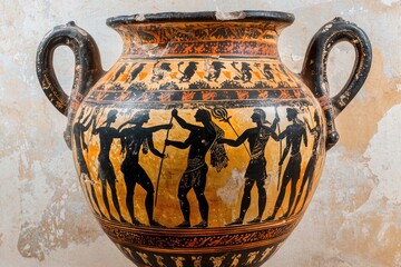 Ancient Greek vase depicting black-figure artwork featuring warriors engaging in a ceremonial procession surrounded by intricate geometric patterns