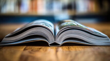 Fototapeta premium Open book on wooden table, library background, reading