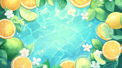 Vibrant Summer Frame with Juicy Citrus Slices and Fresh Green Leaves on a Refreshing Blue Water Background. Summer Background. Copy space