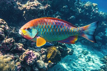 Naklejka premium Vibrant Parrotfish Swimming Among Colorful Coral Reef in Crystal Clear Tropical Waters of Ocean with Bubbles and Marine Life Surrounding