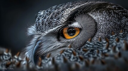 Close-up of a majestic owl's eye, showcasing intricate feather details and a blurred dark background