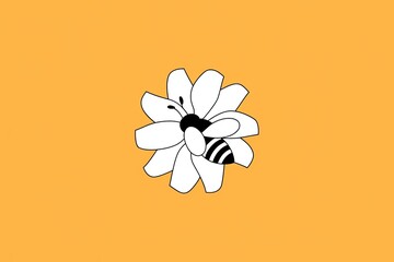 Naklejka premium Minimalist White Daisy and Bee Illustration on Ochre Background - Simple, Clean, Flat Graphic Style