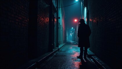 Dark alleyway with detective's silhouette in profile, forensic, investigation