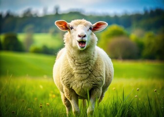 Fototapeta premium Rule of thirds composition highlights idyllic sheep farm, showcasing pure milk's origin.